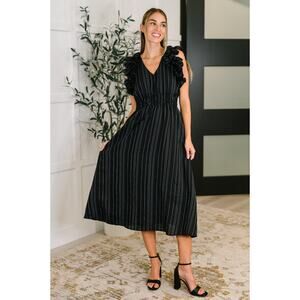 Pinstripe Romance V-Neck Ruffle Sleeve Dress in Black